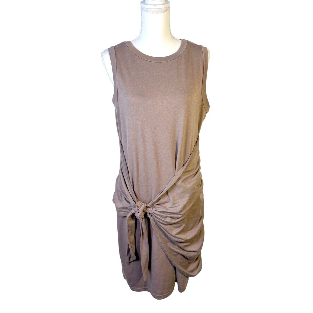 BTFBM T-shirt Tank Dress Womens L Brown Front Tie Ruched Sleeveless Sheath Lined